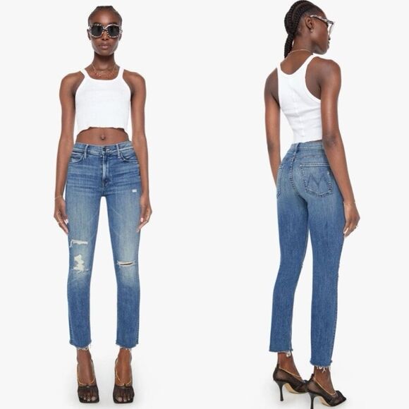 NWT Mother Mid Rise Dazzler Ankle Fray Jeans 23 Blue Mediumwash Denim Comfort - Picture 1 of 13